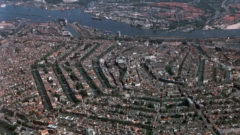 Aerial view of Amsterdam's canal ring and harbour